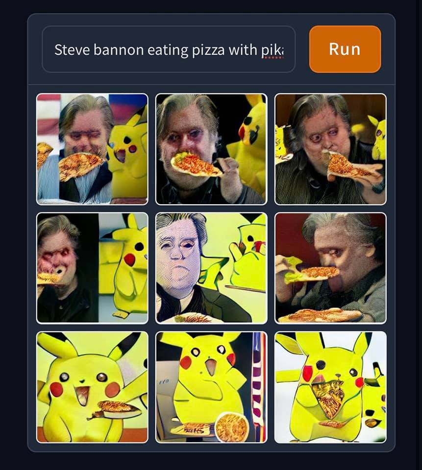 This meme is a series of images showing Steve Bannon, a former White House advisor, eating a slice of pizza with a surprised expression. The images are interspersed with the face of Pikachu, a cartoon character from the Pokémon franchise, eating the same pizza. The text at the top of the image reads "Steve Bannon eating pizza with Pikachu".